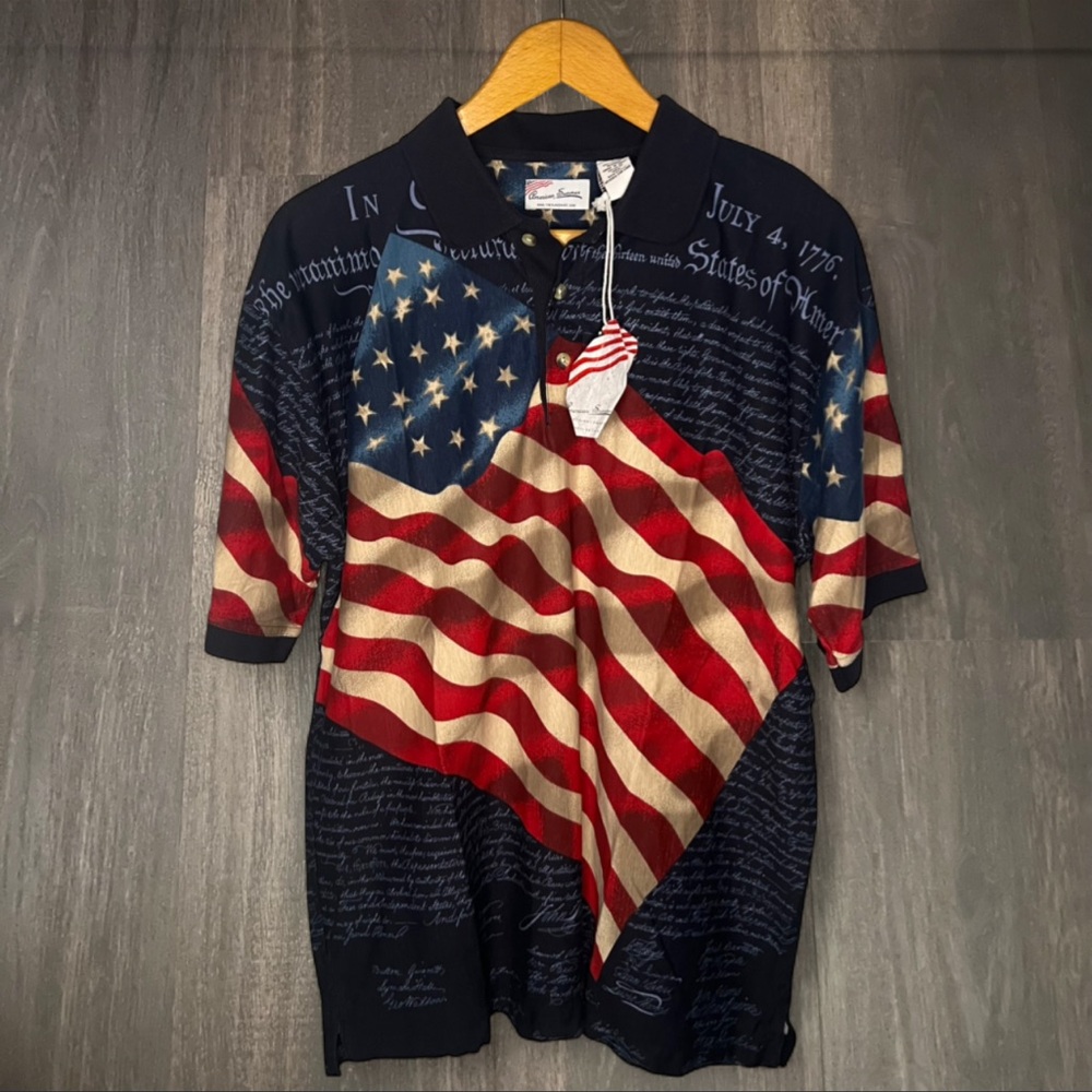 NWT American Summer USA Flag Polo Shirt Size Large Patriotic 100% Cotton